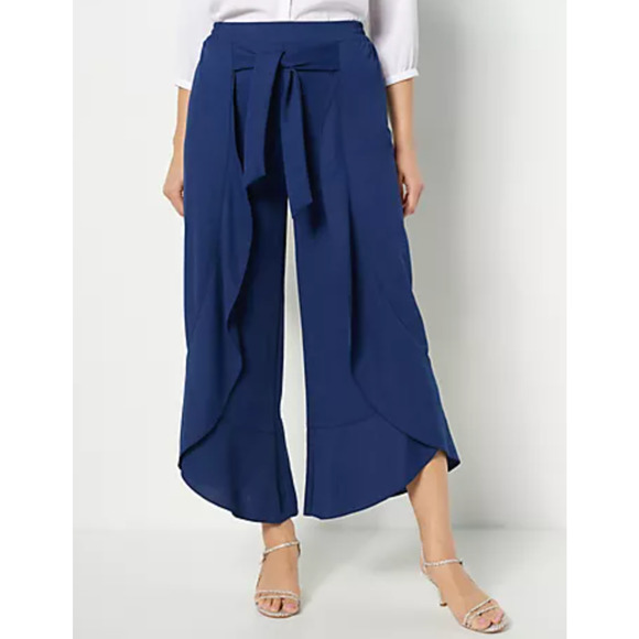 NEW Truth + Style QVC Flounced Stretch Woven Pants Sz M Navy Resort Casual - Picture 1 of 4